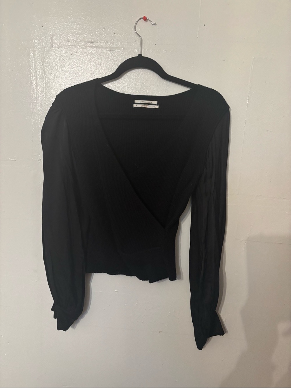 Anthropologie Black Wrap-Front Long Sleeve Top